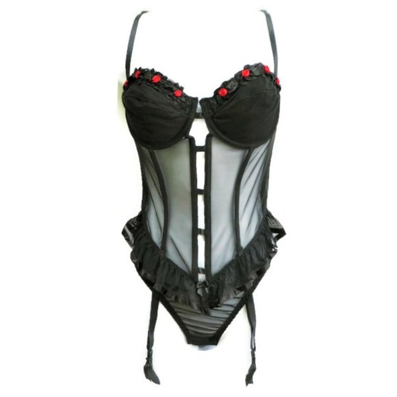 Vintage 90s Victoria's Secret Lingerie Teddy Underwire Black Garter Rosettes 34C - Picture 1 of 8